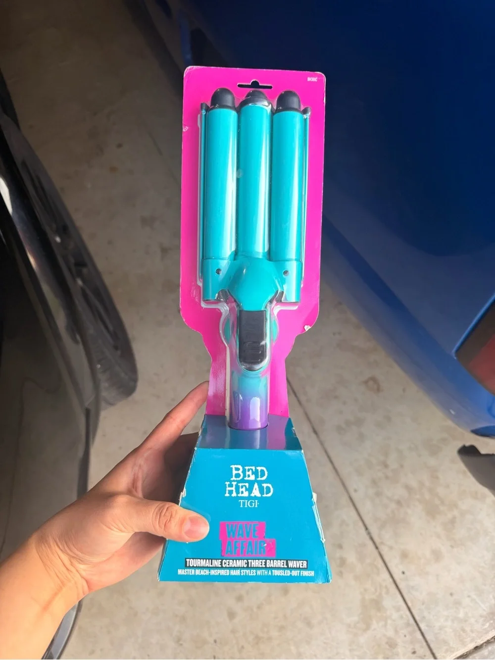 BedHead Wave Affair Tourmaline Three Barrel Waver in Teal and Pink Packaging